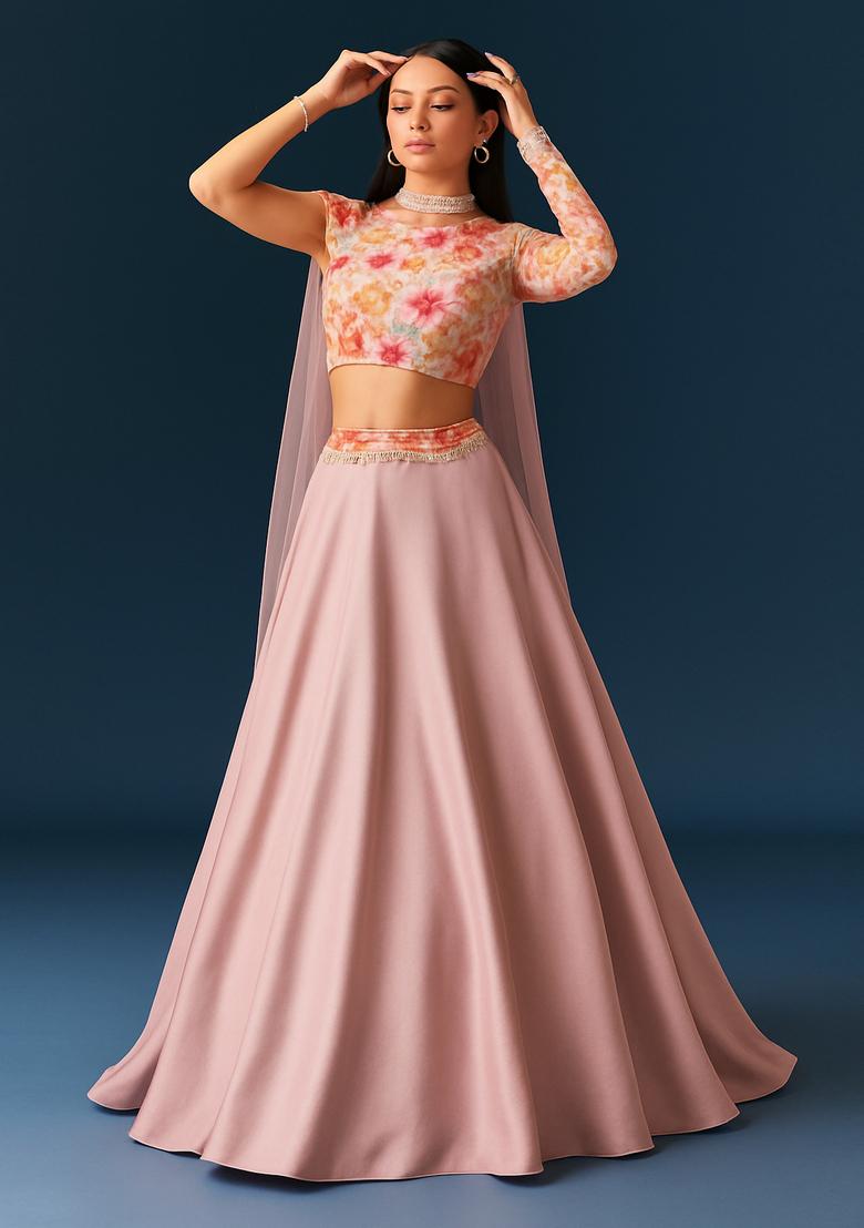 Pink Printed Georgette Lehenga Set
