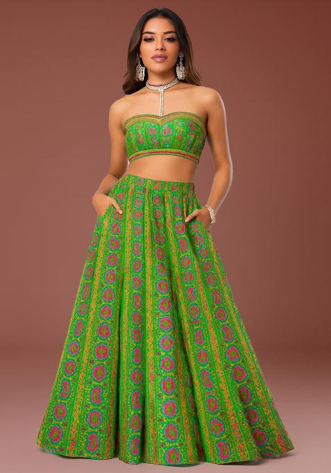 Green Printed Georgette Lehenga Set