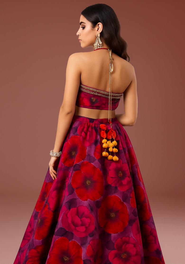 Pink Printed Silk Lehenga Set