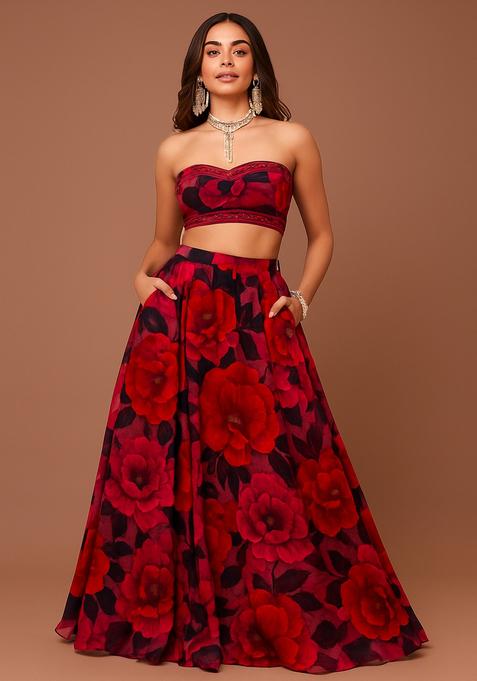 Pink Printed Silk Lehenga Set