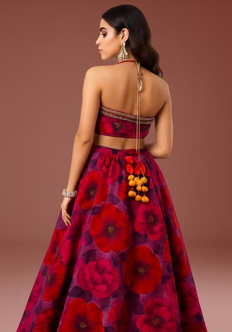Pink Printed Silk Lehenga Set