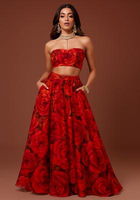 Red Printed Silk Lehenga Set