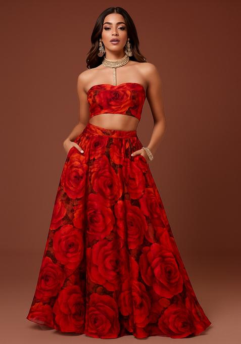 Red Printed Silk Lehenga Set