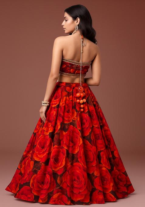 Red Printed Silk Lehenga Set