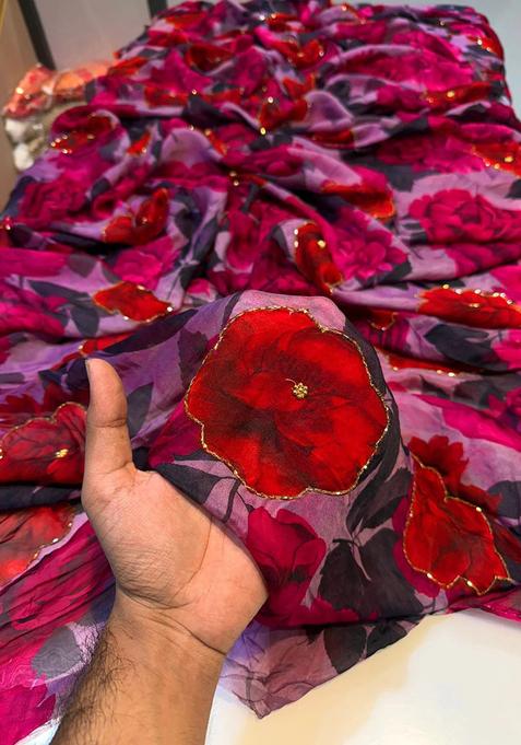 Red Printed Silk Lehenga Set