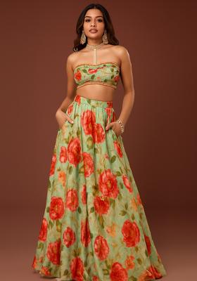 Pista Green Printed Silk Lehenga Set