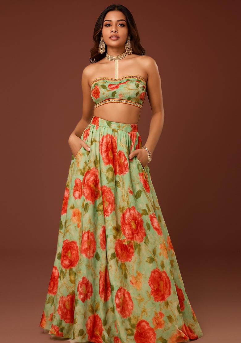 Pista Green Printed Silk Lehenga Set