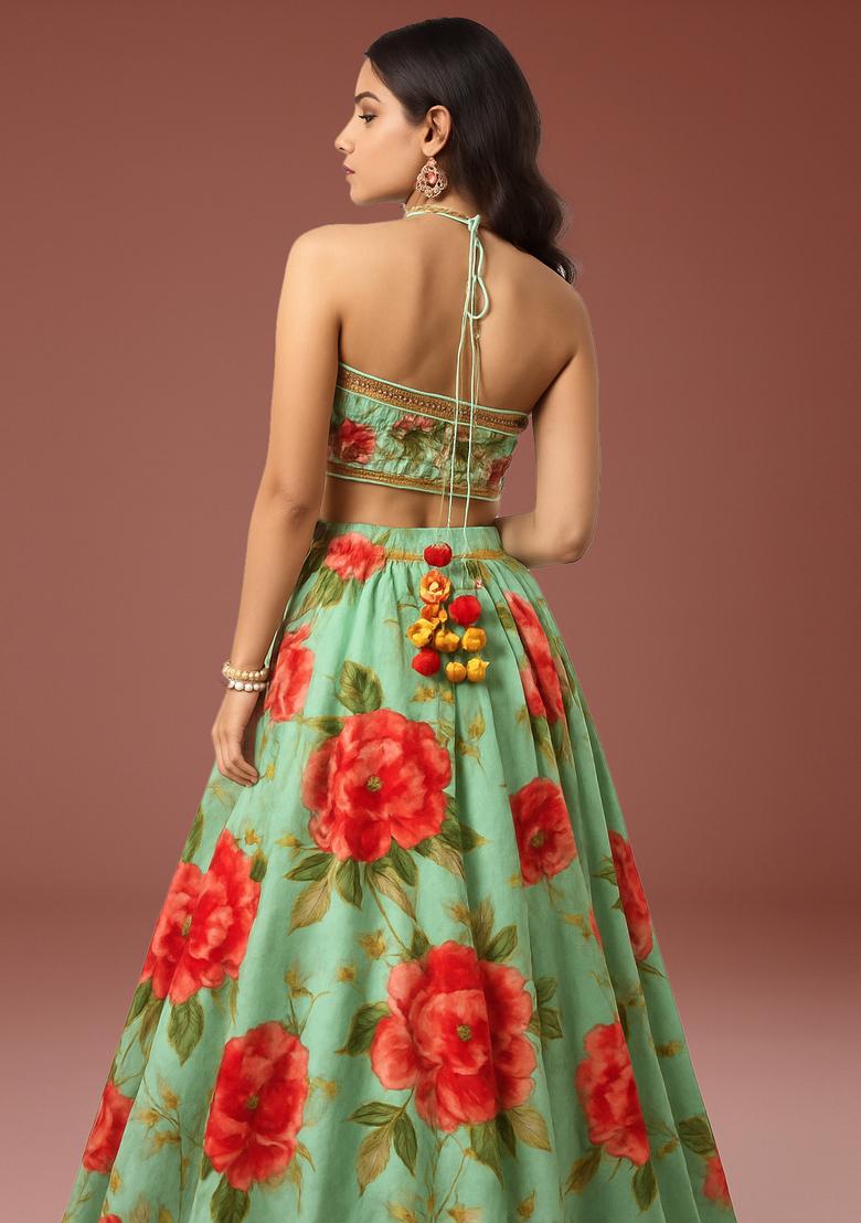 Pista Green Printed Silk Lehenga Set