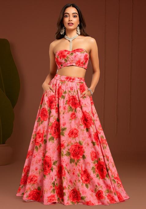 Pink Printed Silk Lehenga Set