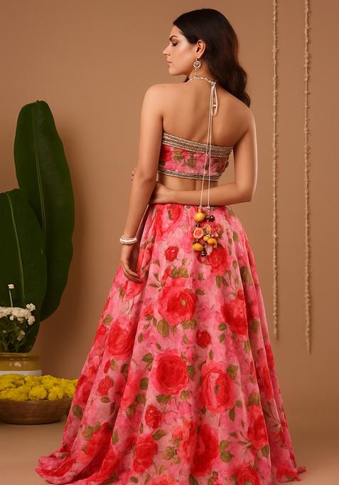 Pink Printed Silk Lehenga Set