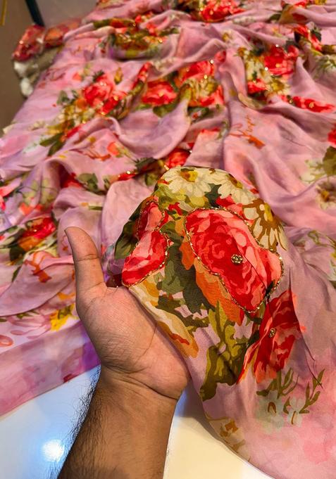 Pink Printed Silk Lehenga Set