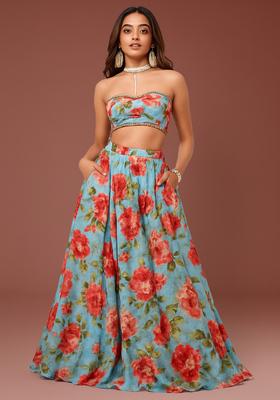 Blue Printed Silk Lehenga Set