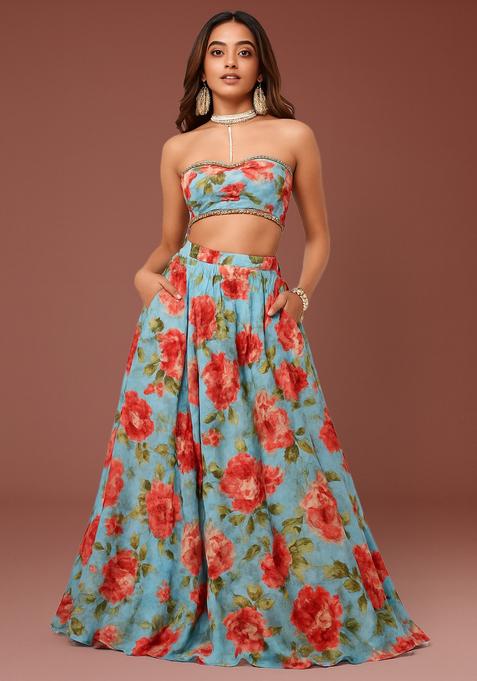 Blue Printed Silk Lehenga Set