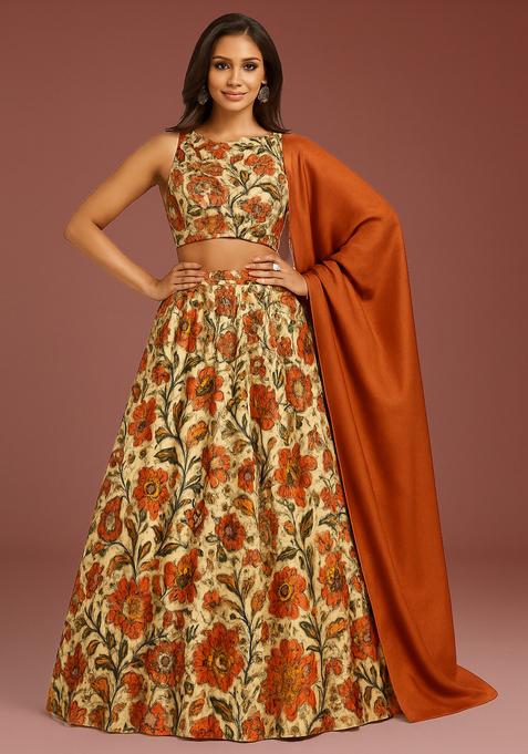 Brown Printed Satin Lehenga Set