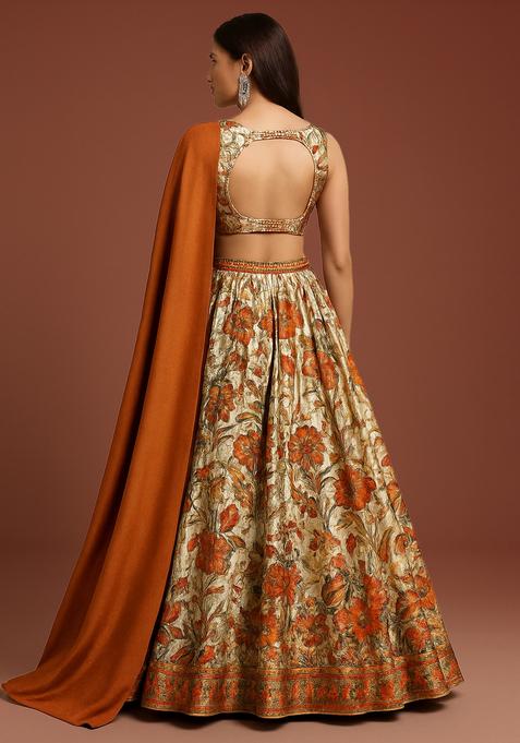 Brown Printed Satin Lehenga Set