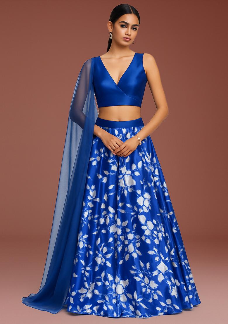 Blue Printed Satin Lehenga Set