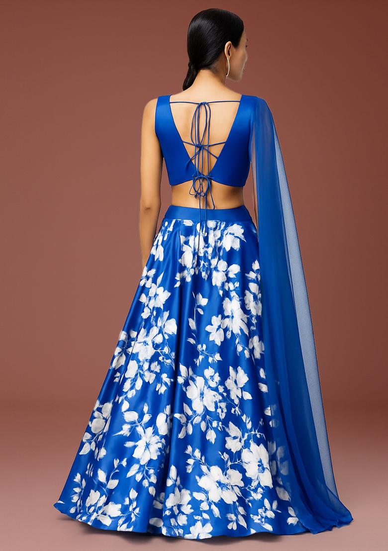 Blue Printed Satin Lehenga Set - Indya