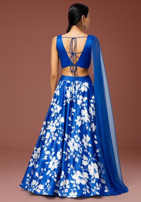 Blue Printed Satin Lehenga Set