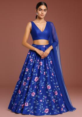 Purple Printed Satin Lehenga Set