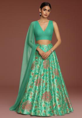 Pista Green Printed Satin Lehenga Set