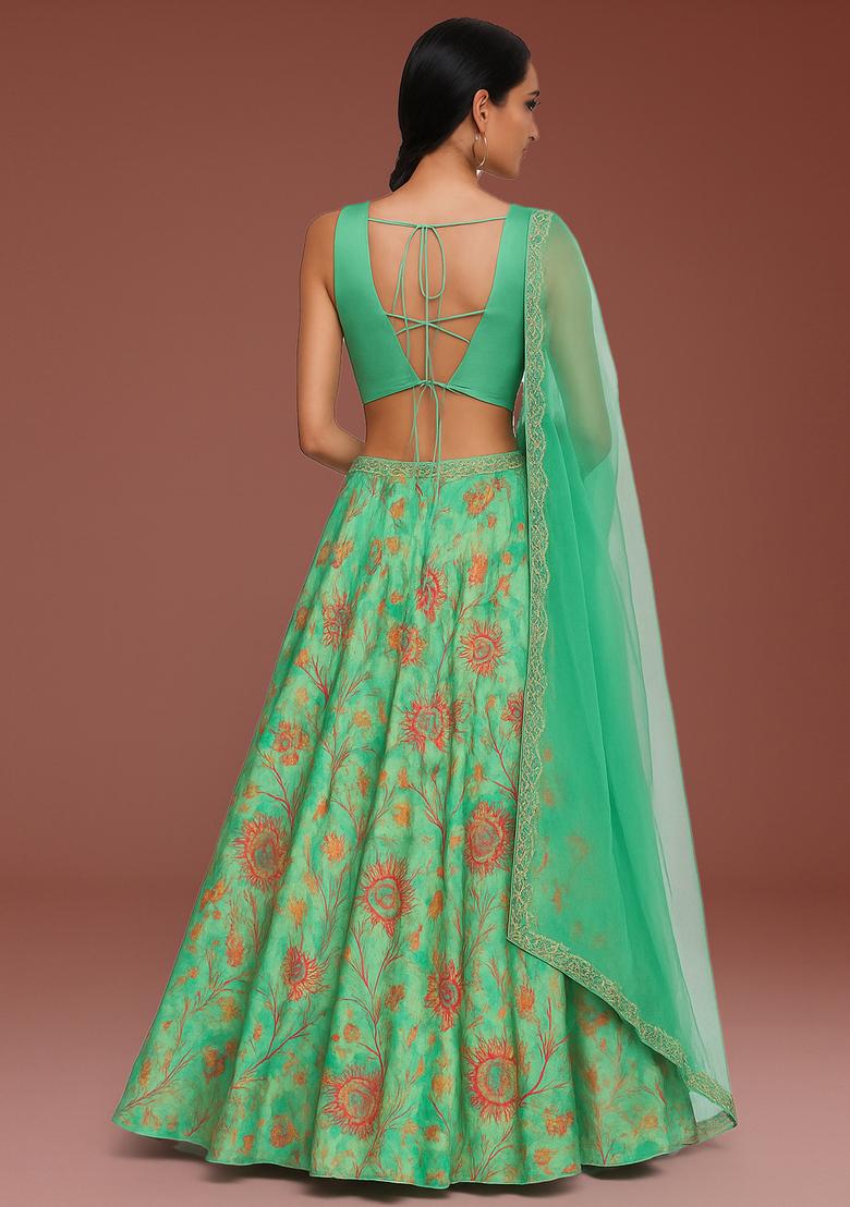 Pista Green Printed Satin Lehenga Set