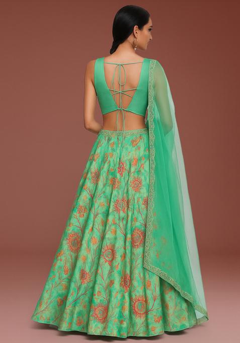 Pista Green Printed Satin Lehenga Set