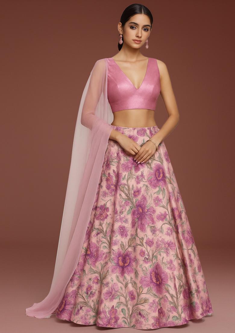 Pink Printed Satin Lehenga Set