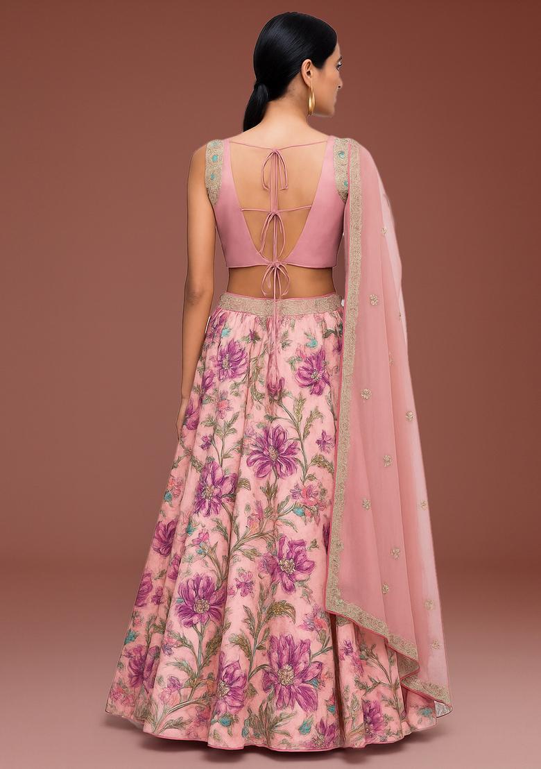 Pink Printed Satin Lehenga Set
