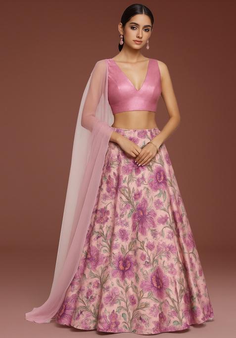 Pink Printed Satin Lehenga Set