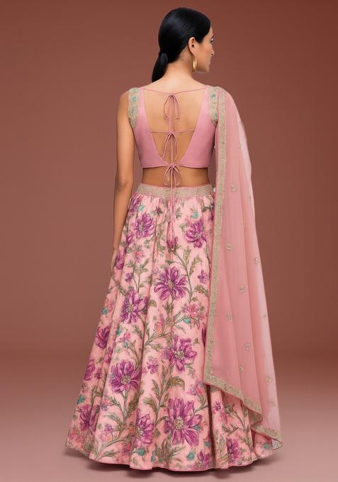 Pink Printed Satin Lehenga Set