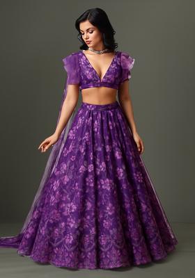 Purple Printed Chiffon Lehenga Set