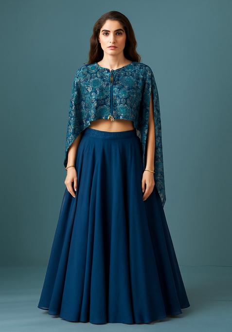 Blue Sequin Embellished Blouse Georgette Lehenga Set