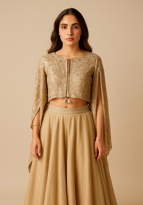Beige Sequin Embellished Blouse Georgette Lehenga Set