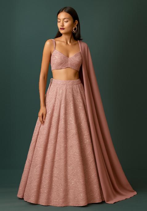 Pink Sequin Embellished Net Lehenga Set