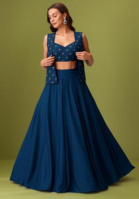 Teal Blue Embroidered Blouse Georgette Lehenga Set
