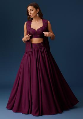 Purple Embroidered Blouse Georgette Lehenga Set