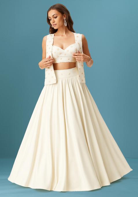 White Embroidered Blouse Georgette Lehenga Set