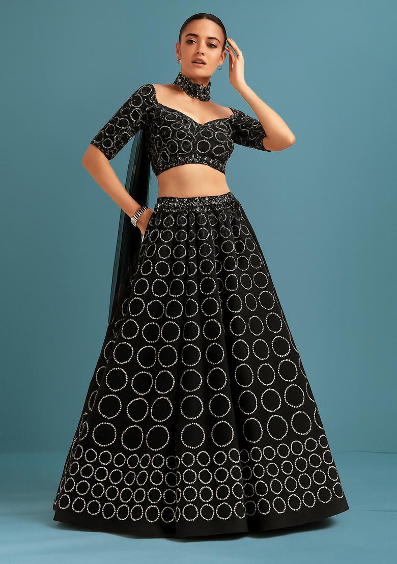 Black Embroidered Crepe Lehenga Set - Indya