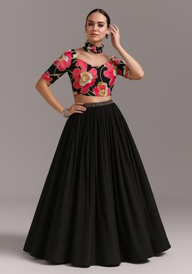 Black Printed Blouse Georgette Lehenga Set