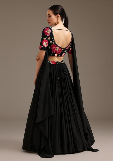 Black Printed Blouse Georgette Lehenga Set