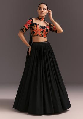 Black Printed Blouse Georgette Lehenga Set