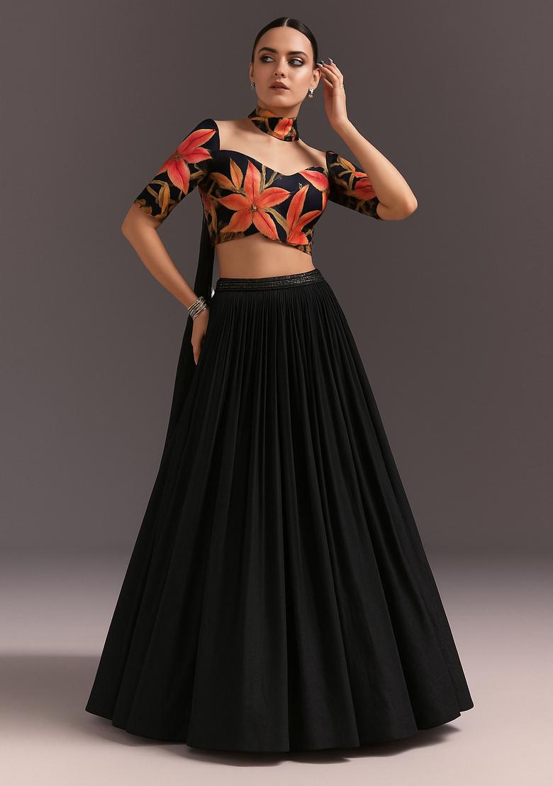 Black Printed Blouse Georgette Lehenga Set