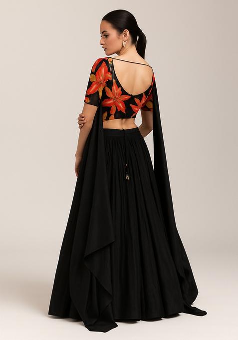 Black Printed Blouse Georgette Lehenga Set