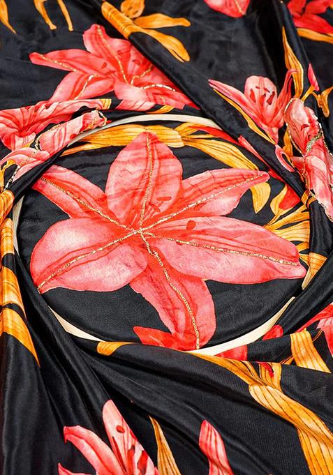 Black Printed Blouse Georgette Lehenga Set