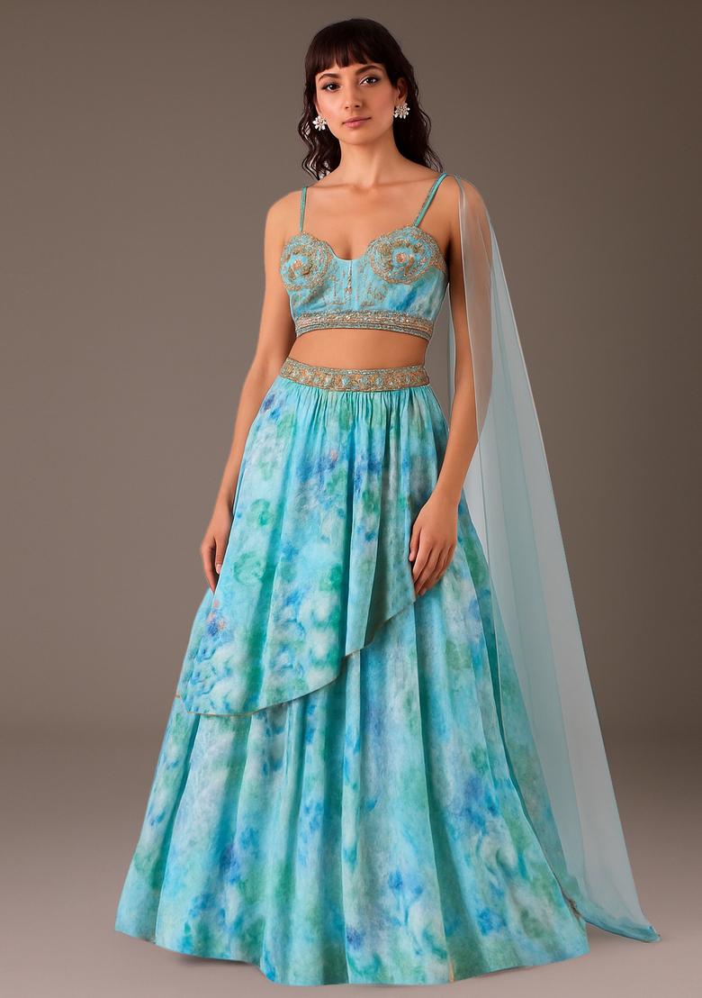 Sky Blue Embroidered Georgette Lehenga Set