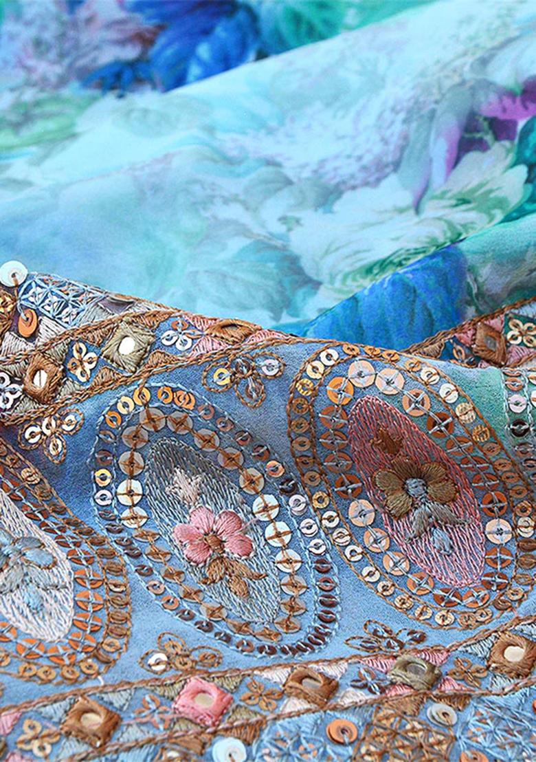 Sky Blue Embroidered Georgette Lehenga Set