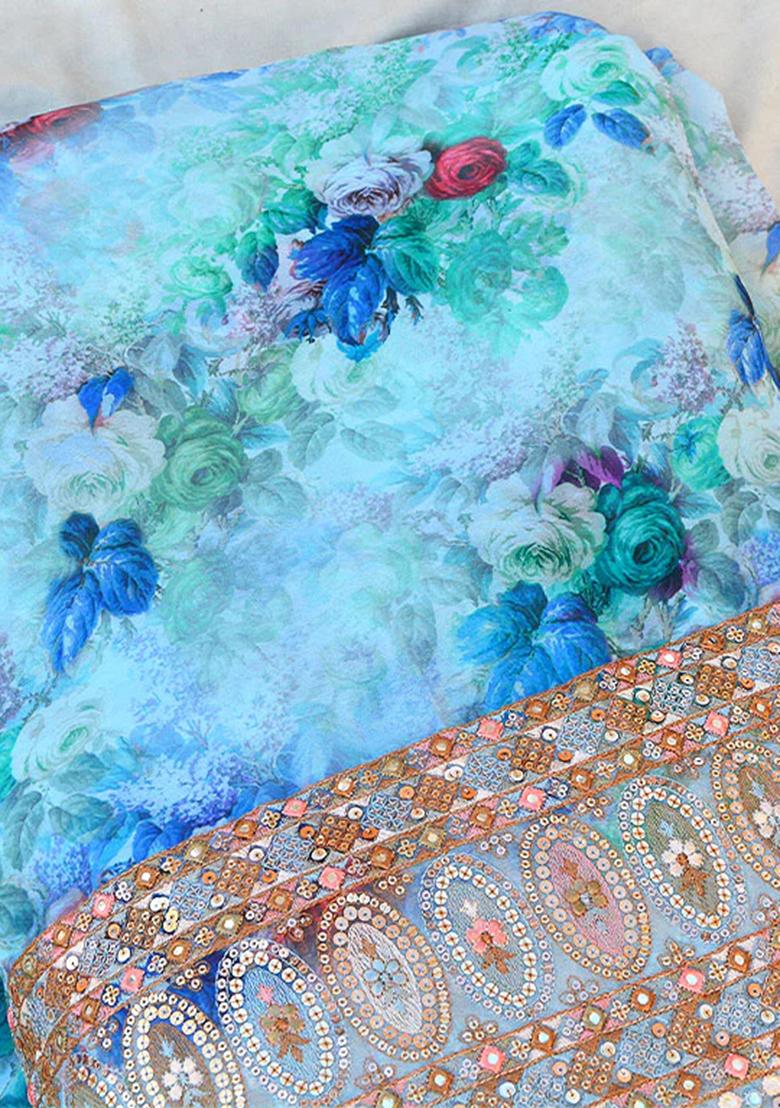 Sky Blue Embroidered Georgette Lehenga Set