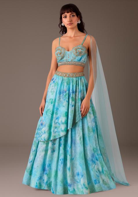 Sky Blue Embroidered Georgette Lehenga Set