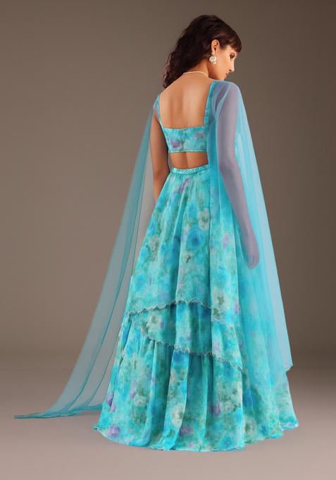 Sky Blue Embroidered Georgette Lehenga Set