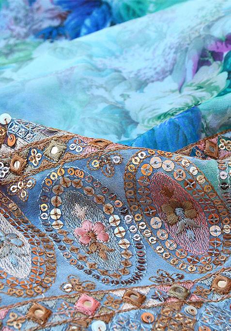 Sky Blue Embroidered Georgette Lehenga Set